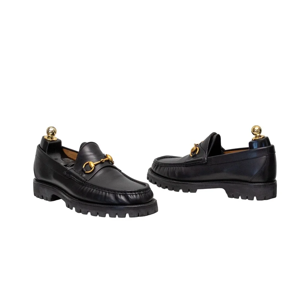 Gucci Black Leather Horsebit Lug Sole Loafers Mens Size UK 7 US 8 Made in Italy